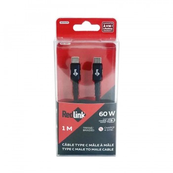 RedLink Câble tressé USB-C mâle à mâle - 60W - Noir/Gris - 1 m