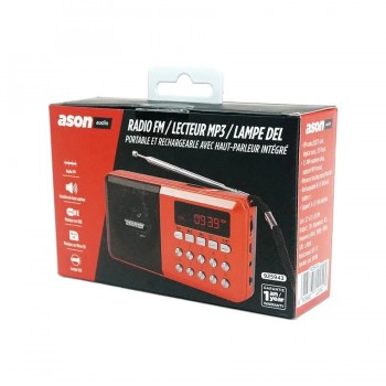 Ason Audio Portable FM Radio with MP3 Player and LED Light - Red