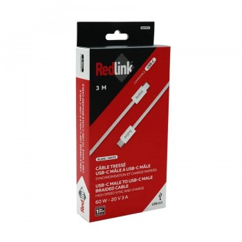RedLink Câble tressé USB-C mâle à mâle - Blanc - 3 m