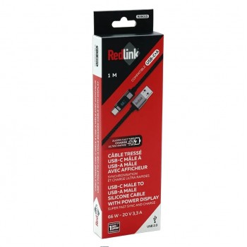 RedLink Braided USB-C Male to USB-A Male Cable with Power Display - 66 W - Black - 1 m