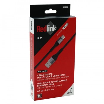 RedLink Câble tressé USB-C mâle vers USB-A mâle - 60 W - Noir - 3 m