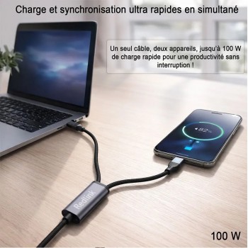 RedLink Braided 2-in-1 USB-C Male to 2 x USB-C Male Cable - 100 W - Black - 1 m