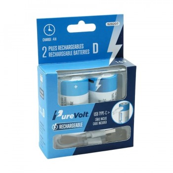 PureVolt Pile rechargeable D Li-Poly avec câble 2 x USB-C - 1.5V - Paquet de 2