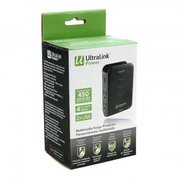 UltraLink Adaptateur mural à 4 prises et 2 ports USB - 450 joules - 15 A - Noir