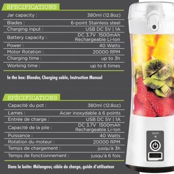 Hauz 380ml USB Rechargeable personal blender with drinking spout, White