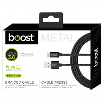 BOOST 6.6ft Type-C USB 3.0 Tangle-free double braided cable, black