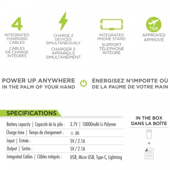 Boost Chargeur portable avec 4 câbles de charge et support de telephone intégrée – 10000mAh