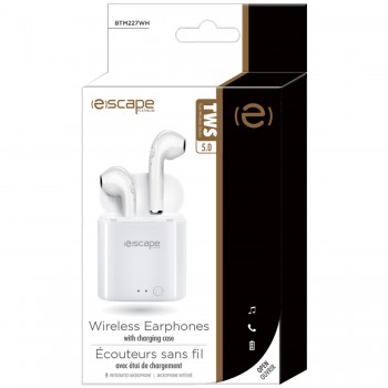 Escape Platinum TWS 5.0 Wireless earphones with microphone and charging case. Use one or both. Color - white.