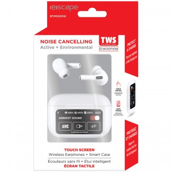 Escape wireless ANC and ENC TWS earphones with touchscreen charging case, White