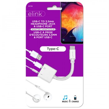 eLink Type-C to 3.5mm headphone jack adapter with charging port