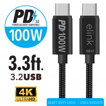 eLink 3.3ft USB 3.0 Type-C to Type-C 100W Power Delivery Fast Charging Cable