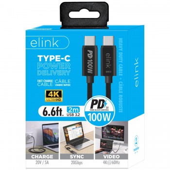 eLink 6.6ft USB 3.0 Type-C to Type-C 100W Power Delivery Fast Charging Cable