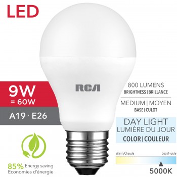 RCA Ampoule DEL A19 9W(=60W) blanc naturel 5000K, 800LM
