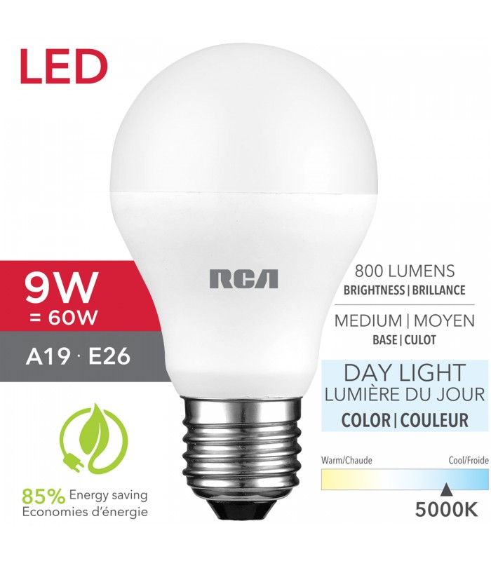 RCA Ampoule DEL A19 9W(=60W) blanc naturel 5000K, 800LM