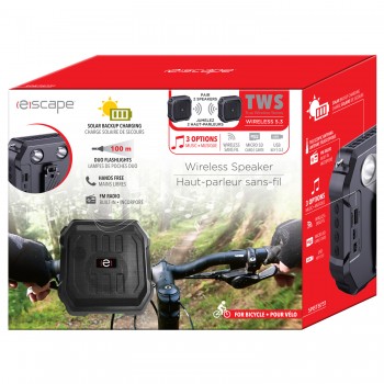 Escape Vélo d'extérieur sans fil à énergie solaire, haut-parleur TWS 5W avec radio FM, lampe de poche et mains libres, IPX4