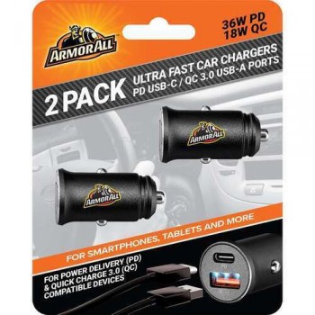 Armorall ACC8-1020-BLK 54W PD QC Chargeur de voiture - Paquet of 2