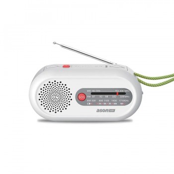 Ason Audio Portable AM/FM Crank Radio with LED Flashlight and Power Bank - White