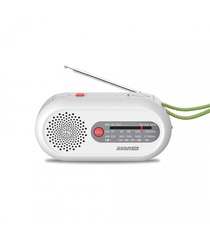 Ason Audio Portable AM/FM Crank Radio with LED Flashlight and Power Bank - White