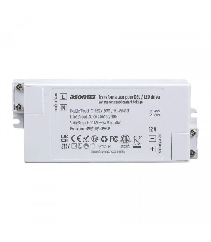 Ason Decor Transformateur d'alimentation pour bande DEL - 100-240V CA à 12V CC - 60W - 5A