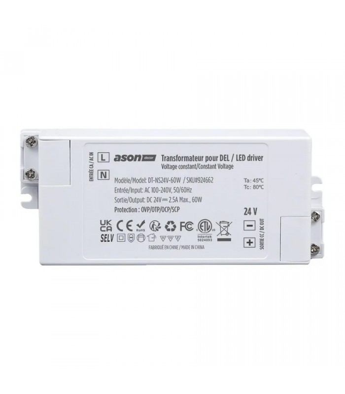 Ason Decor Transformateur d'alimentation pour bande DEL - 100-240V CA à 24V CC - 60W - 2.5A