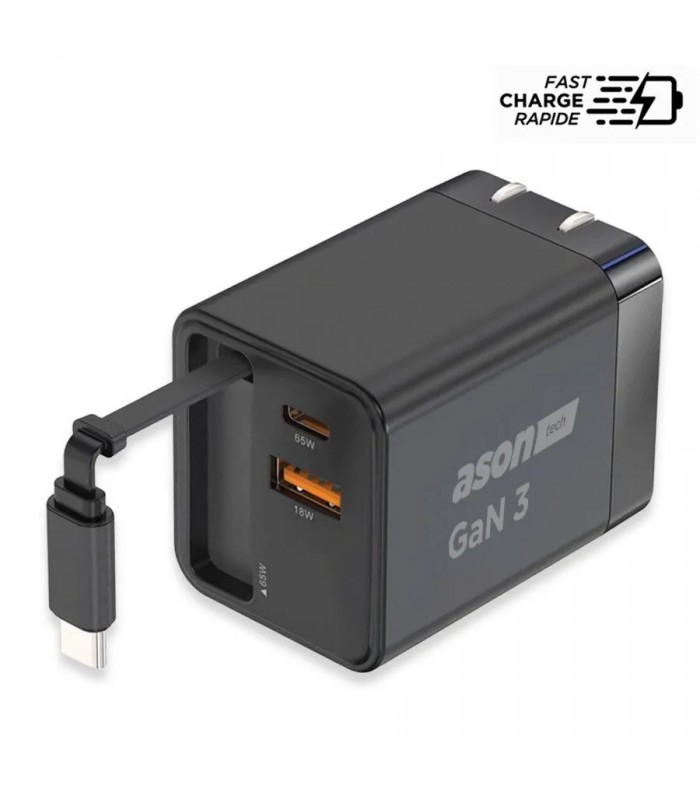 Ason Tech Chargeur mural GaN 3 USB/USB-C avec câble intégré - 65 W PD - 3 A - Noir