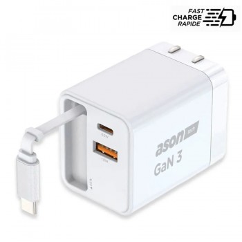 Ason Tech Chargeur mural GaN 3 USB/USB-C avec câble intégré - 65 W PD - 3 A - Blanc