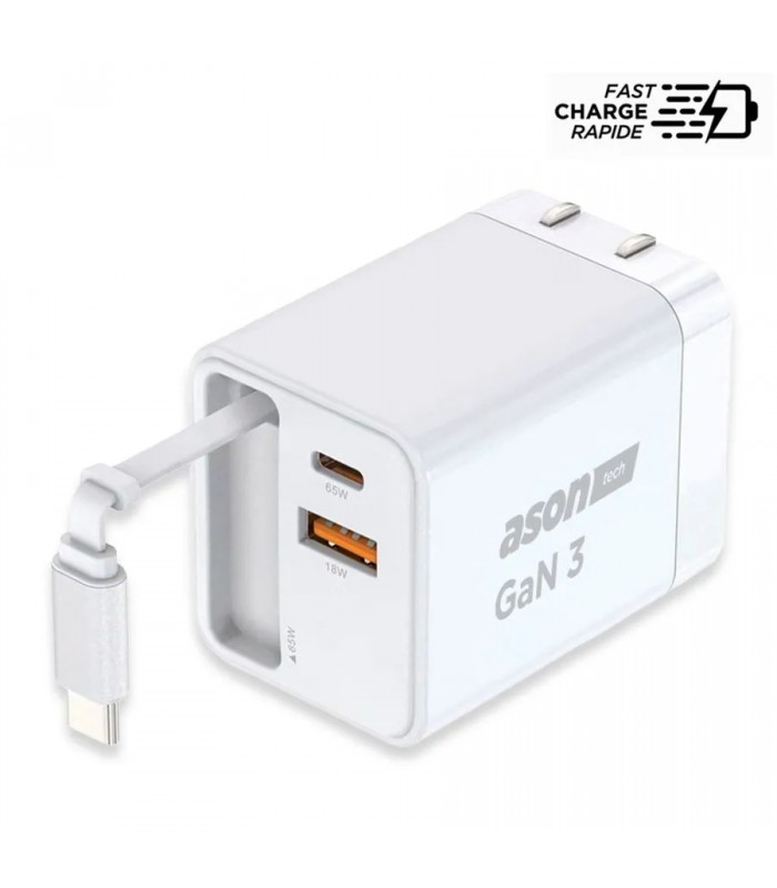 Ason Tech Chargeur mural GaN 3 USB/USB-C avec câble intégré - 65 W PD - 3 A - Blanc