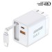 Ason Tech Chargeur mural GaN 3 USB/USB-C avec câble intégré - 65 W PD - 3 A - Blanc