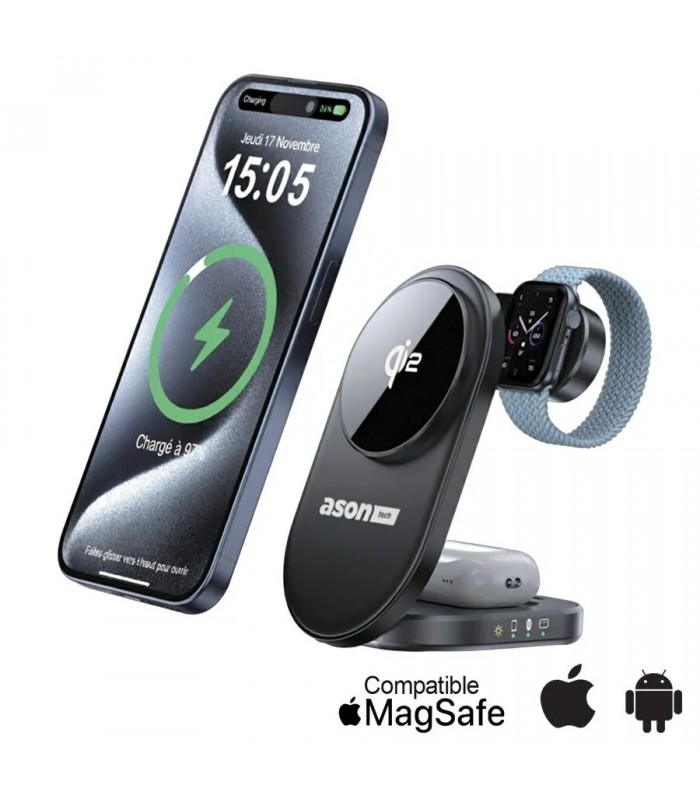 Ason Tech Qi2 3-in-1 Wireless Charging Station - iPhone, Apple Watch, AirPods