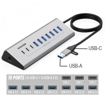 Ason Tech Concentrateur USB 3.0 10 ports à USB-C et USB-A avec alimentation externe