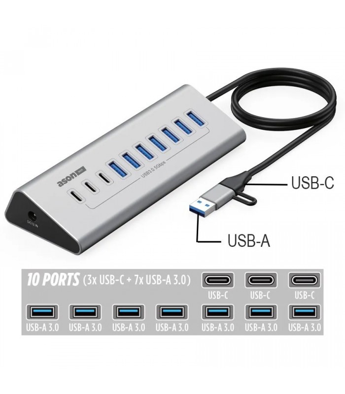 Ason Tech Concentrateur USB 3.0 10 ports à USB-C et USB-A avec alimentation externe Ason Tech Concentrateur USB 3.0 10 ports à USB-C et USB-A avec alimentation externe