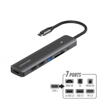 Ason Tech USB-C to 3 X USB/HDMI 4K/PD/SD/Micro SD Multiport Hub - 7 Ports