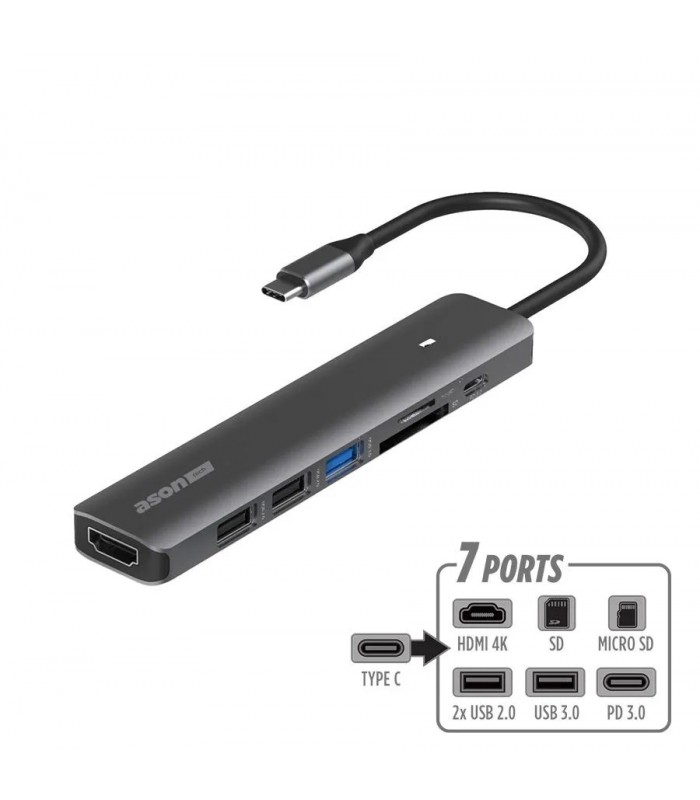 Ason Tech Concentrateur multiport USB-C à 3 X USB/HDMI 4K/PD/SD/Micro SD - 7 ports