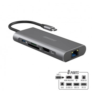 Ason Tech USB-C to 3 X USB/RJ45/HDMI 4K/PD/SD/Micro SD Multiport Hub - 8 Ports