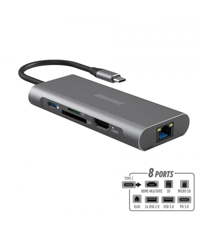 Ason Tech USB-C to 3 X USB/RJ45/HDMI 4K/PD/SD/Micro SD Multiport Hub - 8 Ports