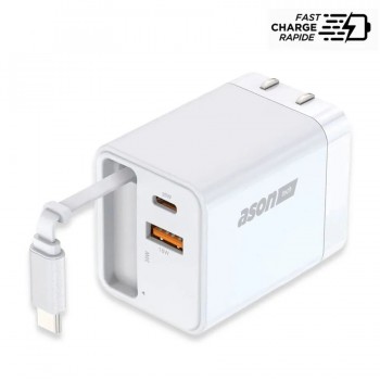 Ason Tech USB/USB-C Wall Charger with Built-In Cable - 35W PD - 5V - 3A - White