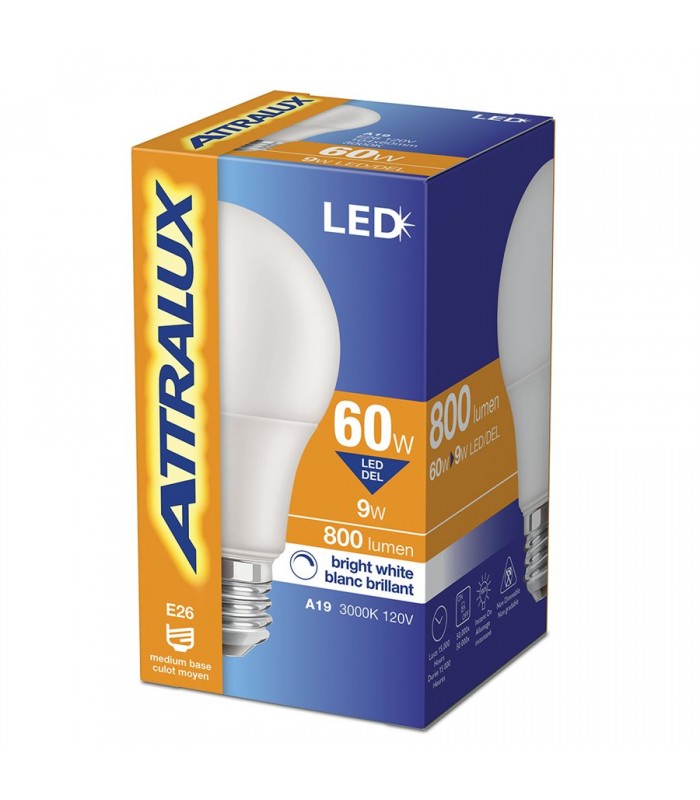 Attralux Ampoule A19 LED Non Gradable Culot E26 9W Blanc Brillant