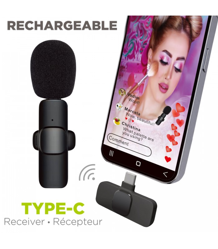 BOOST Microphone à pince rechargeable sans fil 2,4 GHz pour enregistrement audio-vidéo, Type-C