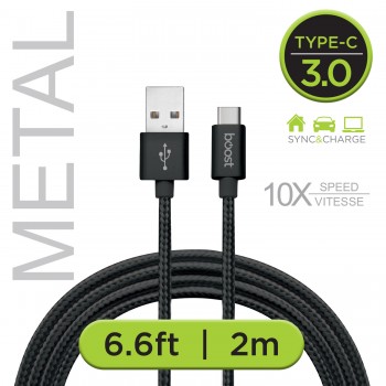 BOOST 6.6ft Type-C USB 3.0 Tangle-free double braided cable, black