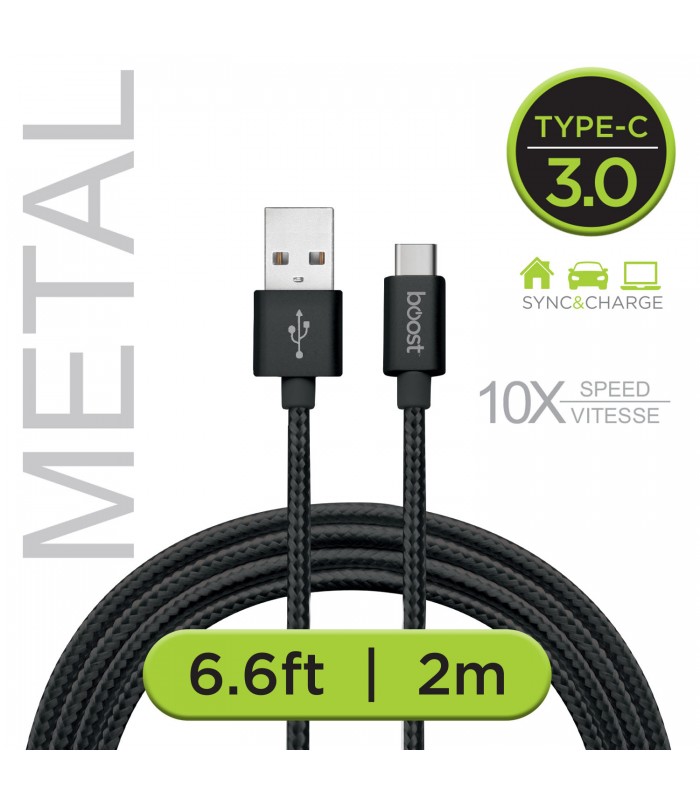 BOOST 6.6ft Type-C USB 3.0 Tangle-free double braided cable, black