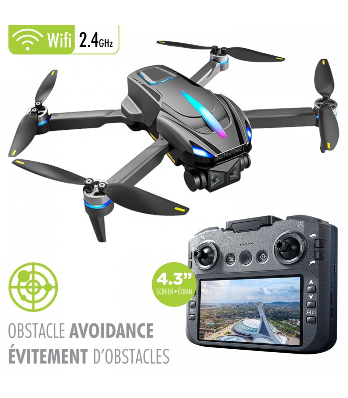 Boost Drone quadricoptère avec évitement d''obstacles, télécommande avec écran 4,3 po. et double caméra