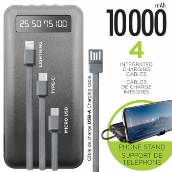 Boost Chargeur portable avec 4 câbles de charge et support de telephone intégrée – 10000mAh