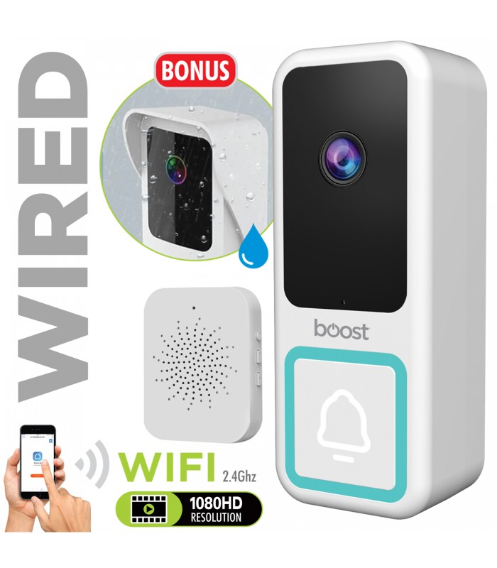 BOOST Sonnette vidéo câblée intelligente Wi-Fi 1080P Full HD avec protection contre les intempéries et carillon sans fil