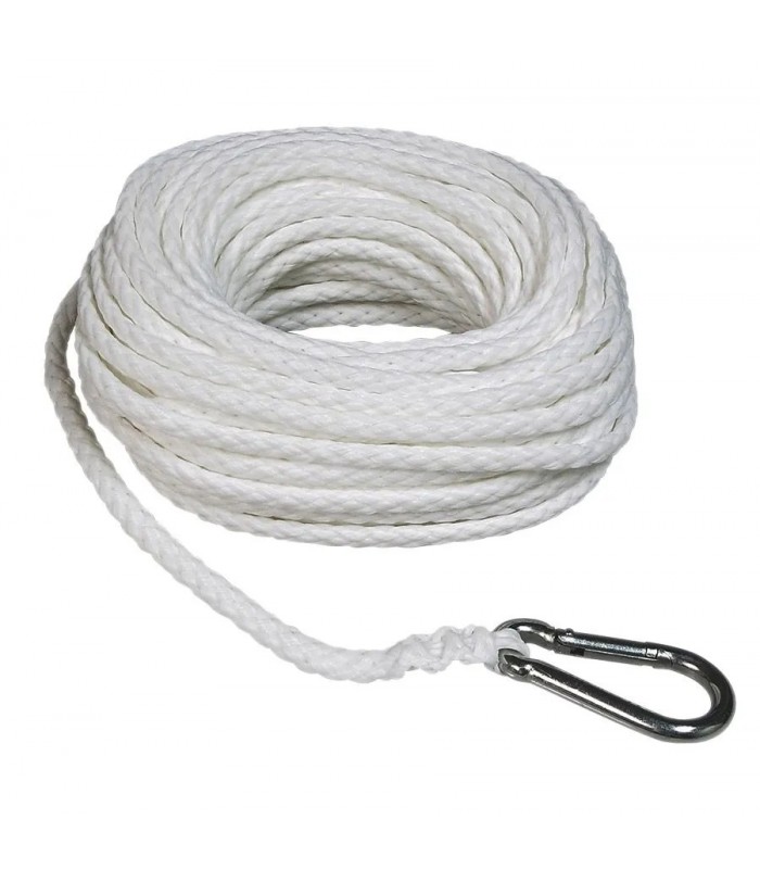 Braided Polypropylene Anchor Rope with Carabiner - 9.5 mm X 22.8 m - 360 lbs - White