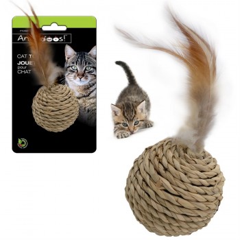 Jouet pour chat Balle en toile de jute biodégradable avec plume et bruit d'un hochet