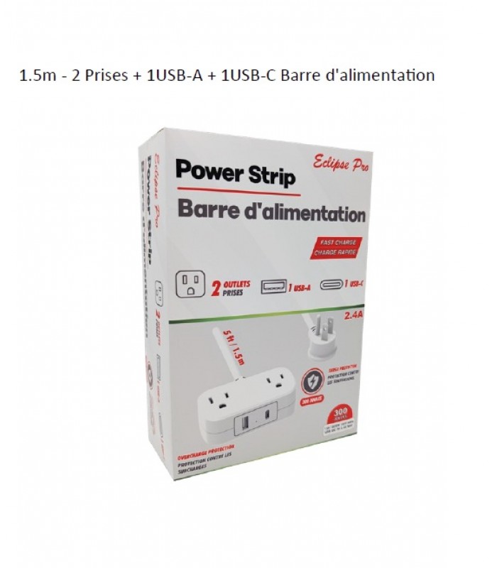 Eclipse Pro Power Strip 2 Outlets with 1 Port USB-A and 1 Port USB-C