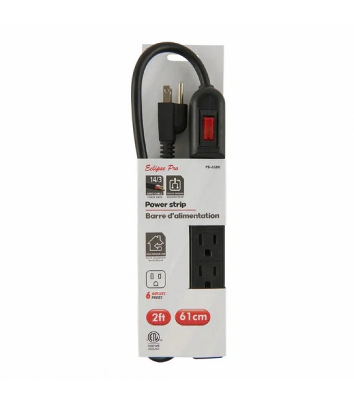 Eclipse Pro Barre D'alimentation à 6 Prises , Cordon de 2 pi. - Noir