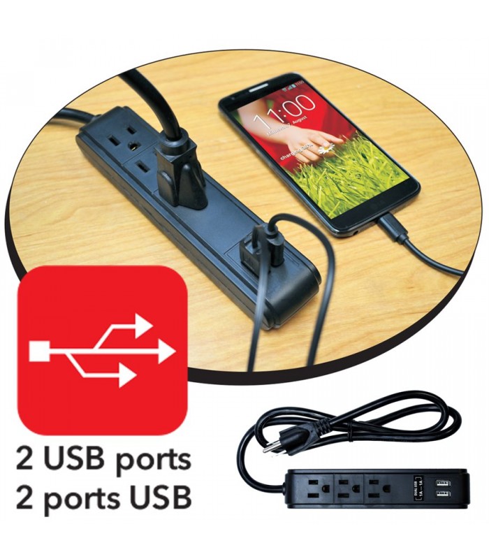 eLink 3 ft. Power cord with 3 grounded outlets and 2 USB ports