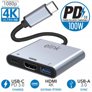 eLink 3 in 1 USB-C Hub with 4K HDMI Adapter, USB 3.0 Data Port and 100W Type-C Power Delivery Charging Port