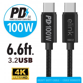 eLink 6.6ft USB 3.0 Type-C to Type-C 100W Power Delivery Fast Charging Cable